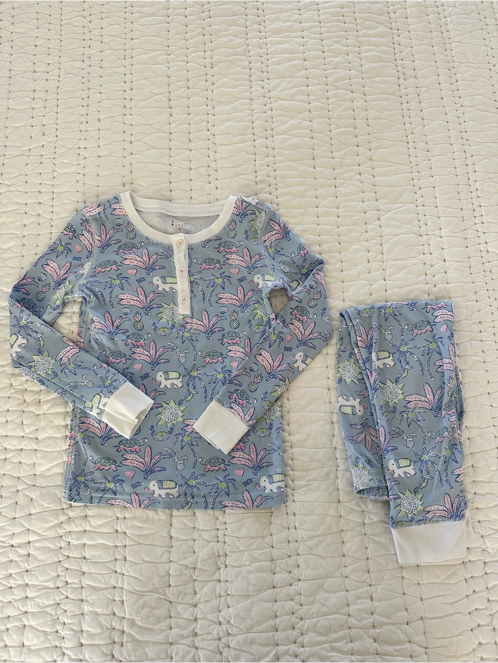 Girls Roller Rabbit Blue Floral Elephant Pajama Set - Long Sleeve